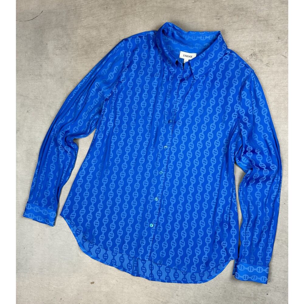 L'AGENCE Holly Chain Print Blue Button Up Long Sleeve Blouse Size L Ret $330